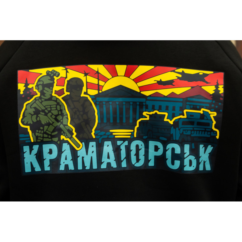Військова ЗСУ Весняна толстовка худі чоловіче чорне "Краматорськ" жовто-червоний принт